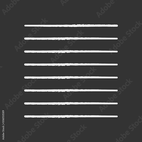Parallel lines chalk icon. Straight white strokes. Monochrome stripes. Geometric flat figure. Minimalistic decorative element. Abstract shape. Isometric form. Isolated vector chalkboard illustration
