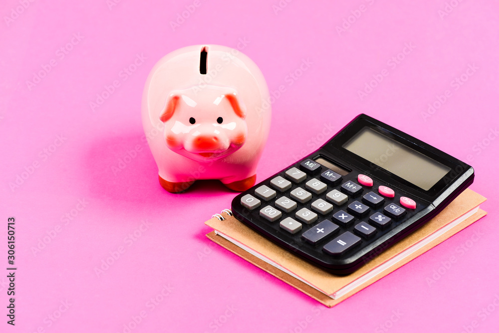 Calculate profit. Piggy bank pink pig and calculator. Business administration. Finance manager job position. Trading exchange. Trade market. Finance control. Credit concept. Economics and finance Calculate profit. Piggy bank pink pig and calculator. Business administration. Finance manager job position. Trading exchange. Trade market. Finance control. Credit concept. Economics and finance