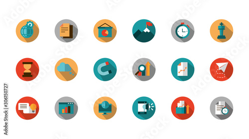 business strategy network icons set block shadow