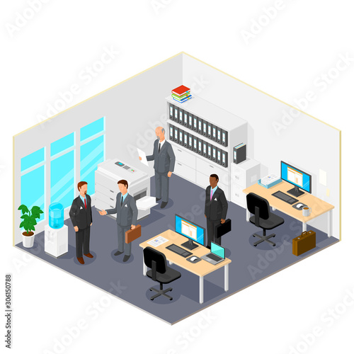 Isometric Modern Corporate Office With Business Employees - Vector Icon Illustration
