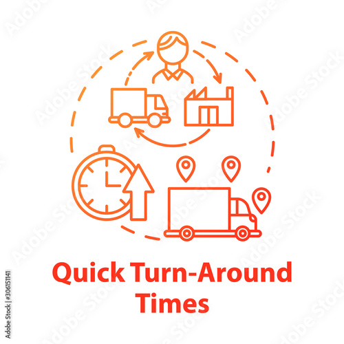 Quick turn around times concept icon. Delivery service. Freight transportation. Logistics. Transport of goods idea thin line illustration. Vector isolated outline drawing