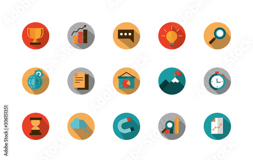 business strategy network icons set block shadow