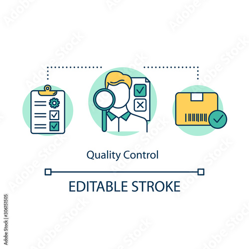 Quality control concept icon. Local production idea thin line illustration. Examination of products. Verification of quality level. Vector isolated outline drawing. Editable stroke