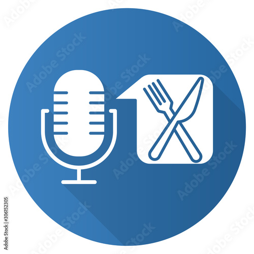 Blue food ordering command flat design long shadow glyph icon. Voice control application idea. Restaurant searching. Portable microphone. Modern sound record equipment. Vector silhouette illustration