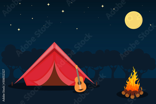 Forest camp with tent, bonfire. Camping site with campfire at night and guitar. Meadow with camping in night. Tent, bonfire, trees, sky, moon