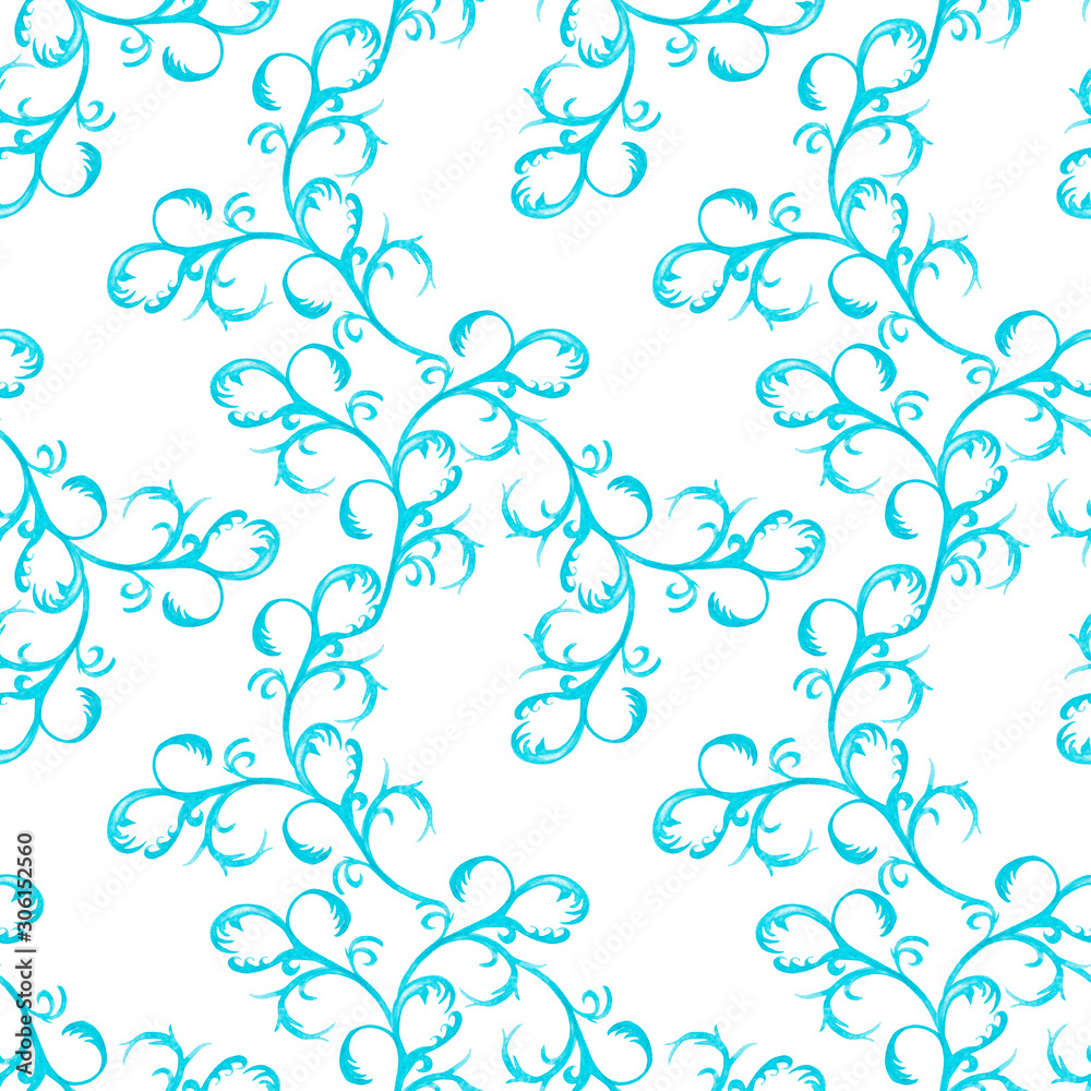 Seamless pattern of abstract artistic blue elements-monograms in frosty style. Winding lines. Watercolor hand painted elements isolated on white background. Seamless pattern of abstract artistic blue elements-monograms in frosty style. Winding lines. Watercolor hand painted elements isolated on white background.
