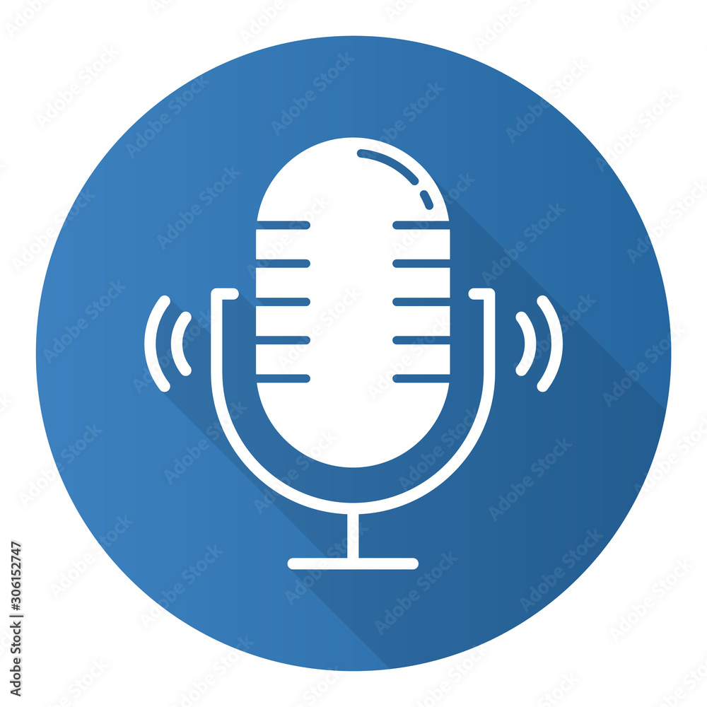 Blue loud microphone flat design long shadow glyph icon. Stereo mic recording sound idea. Portable wireless speaker. Audio equipment. Modern studio technology. Vector silhouette illustration Blue loud microphone flat design long shadow glyph icon. Stereo mic recording sound idea. Portable wireless speaker. Audio equipment. Modern studio technology. Vector silhouette illustration