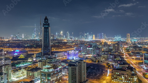 Nighttime view of lights in luxury Dubai city, United Arab Emirates Timelapse Aerial