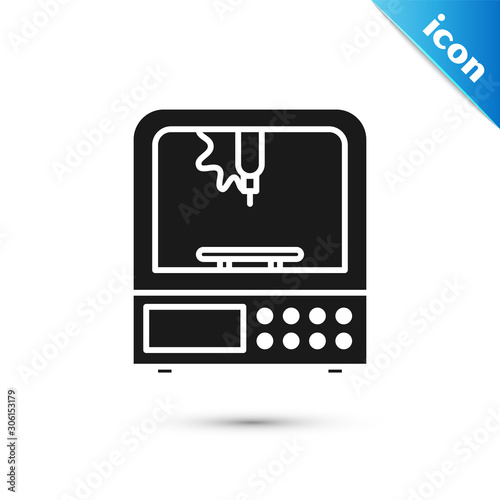 Black 3D printer icon isolated on white background. Vector Illustration
