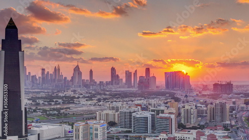 View of sunset in luxury Dubai city at sunset aerial timelapse