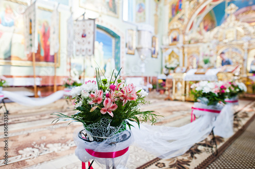 Beautiful wedding set decoration in the church.