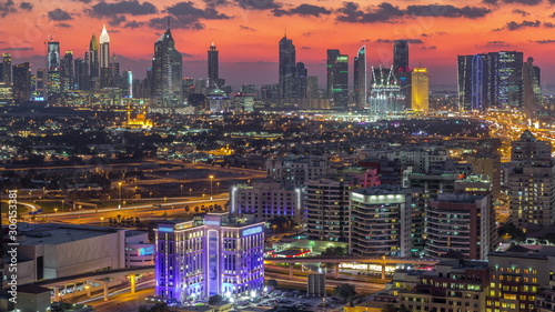 View of transition from day to night in Dubai city, United Arab Emirates Timelapse Aerial © neiezhmakov