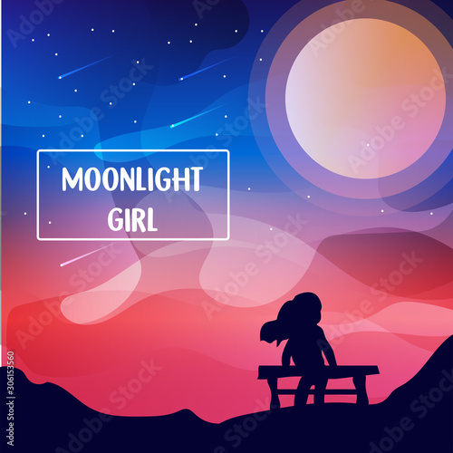 hand drawn vector nature illustration with moonlight and girl on first view. silhouette landscape. using for travel and nature background and card