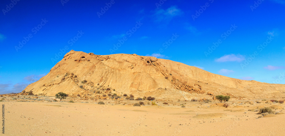 Panorama of Blutkuppe in the morning light with blue sky, Namib Naukluft Park, Namibia, Africa