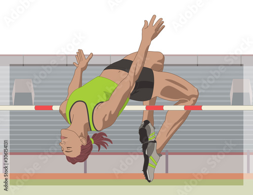 high jumper female clearing bar in mid-air with stadium in the background