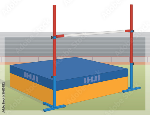 high jump bar on standards and crash mat with stadium in the background