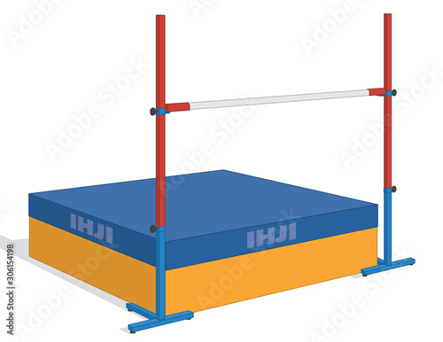 high jump bar on standards and crash mat isolated on a white background photo