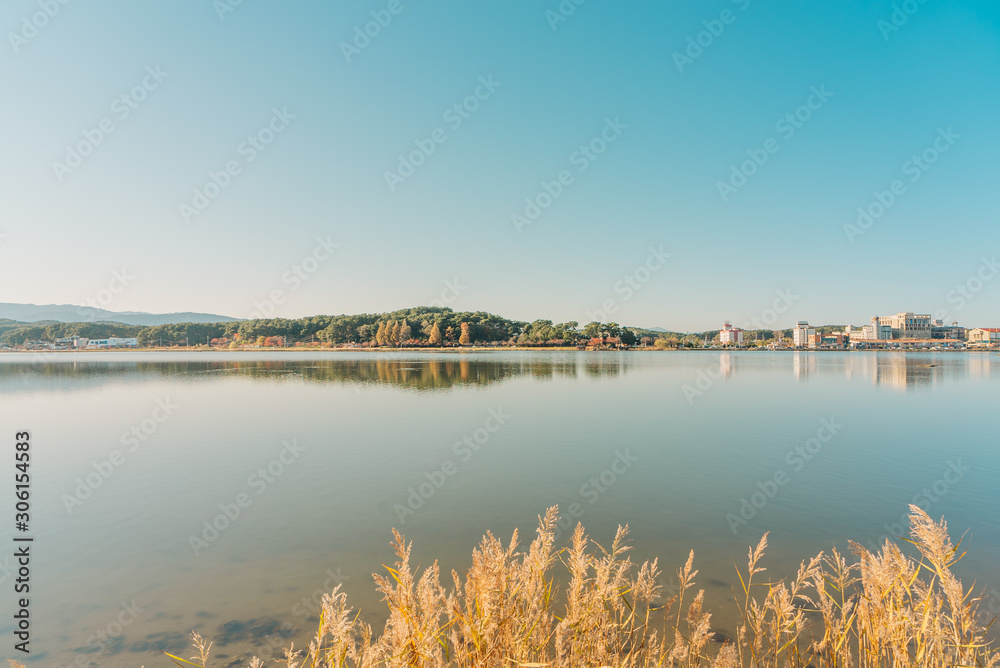 Small town in front of calm lake in Gangneung, South Korea