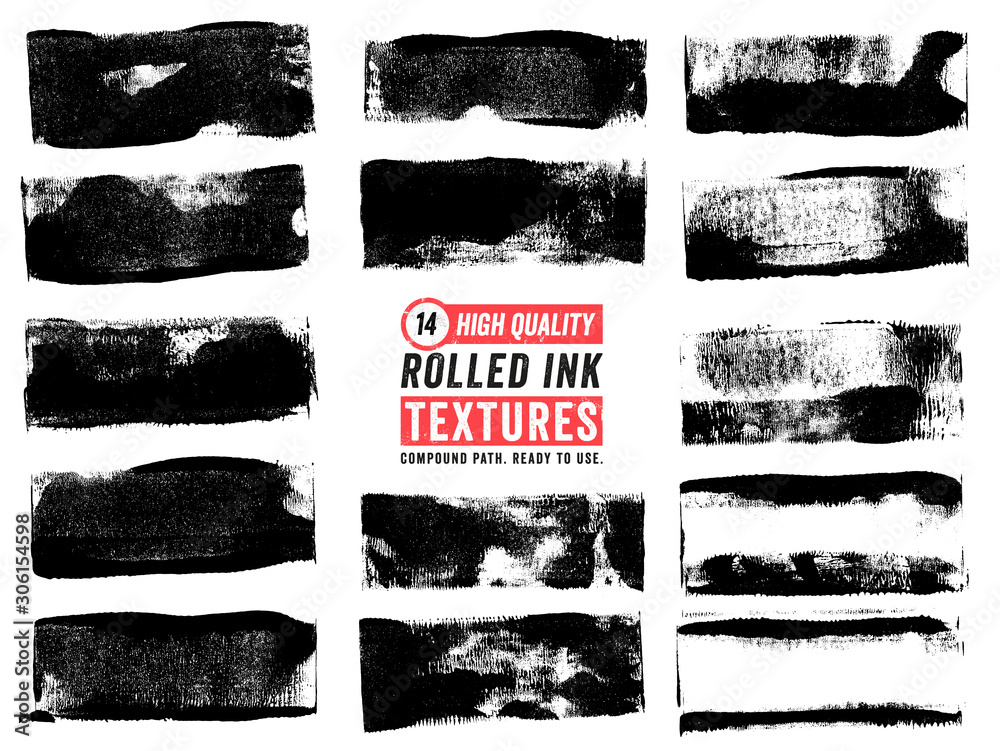 Rolled Ink Textures. Set of 14 high quality, thin rectangle textures made using an ink roller. Highly detailed vectors taken from ultra high resolution scans - obrazy, fototapety, plakaty 