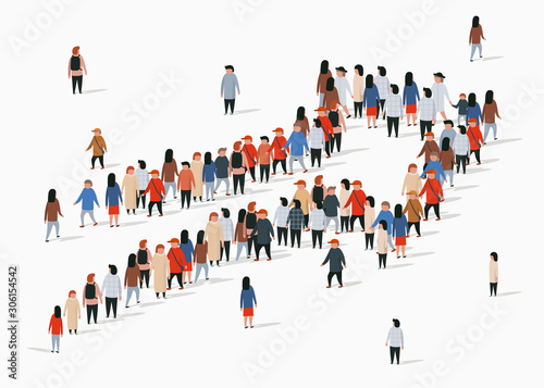 Large group of people in an arrow.