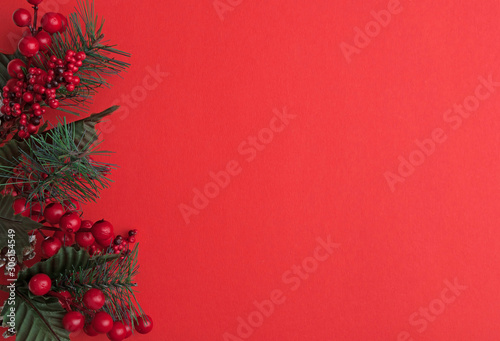 Christmas red background with fir tree branches