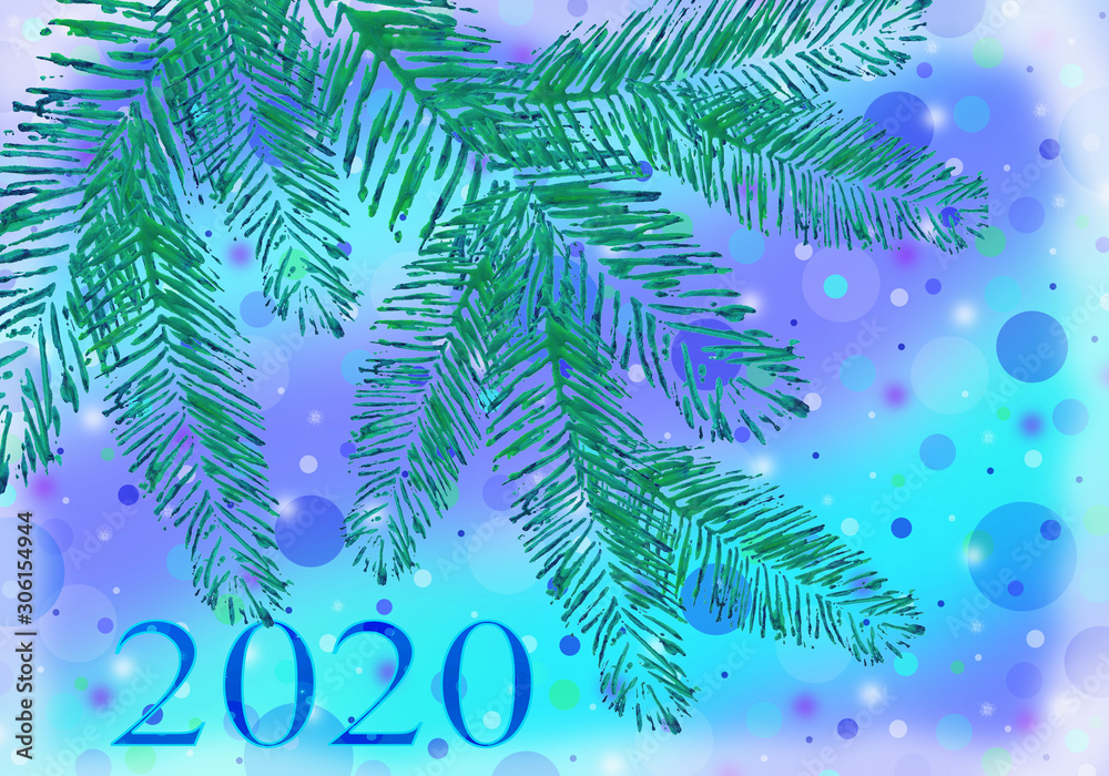 Background blue purple with colored abstract circles, green branch fir tree, pine,2020, for frame, postcard congratulations, new Year,  Christmas, holiday, greeting card, invitation, celebration,party