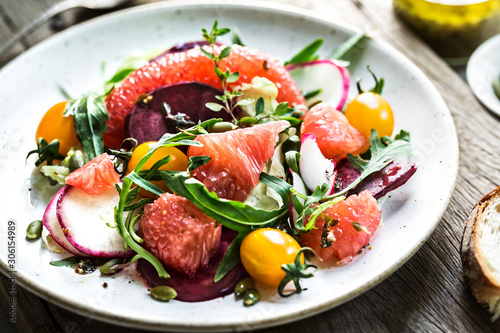 Pomelo with Beetroot, Cherry Tomato and Rocket Salad