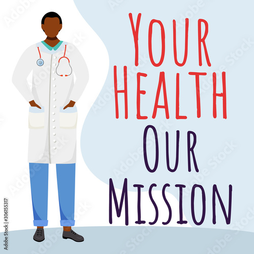 Your health our mission social media post mockup. Medicine and healthcare. Advertising web banner template. Social media booster, content layout. Promotion poster, print ads with flat illustration