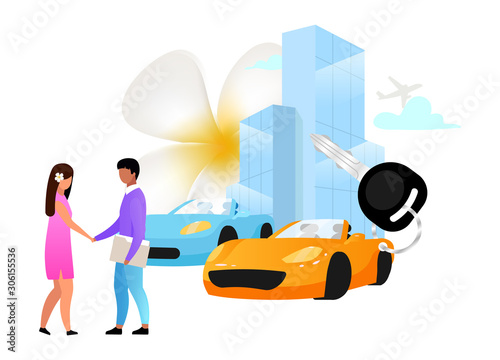 Leasing flat vector illustration. Car rental service. Vehicle hire deal. Automobile purchase. Auto dealership. Indonesian business. Isolated cartoon concept on white background