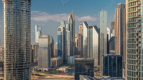 Dubai International Financial Centre district with modern skyscrapers timelapse