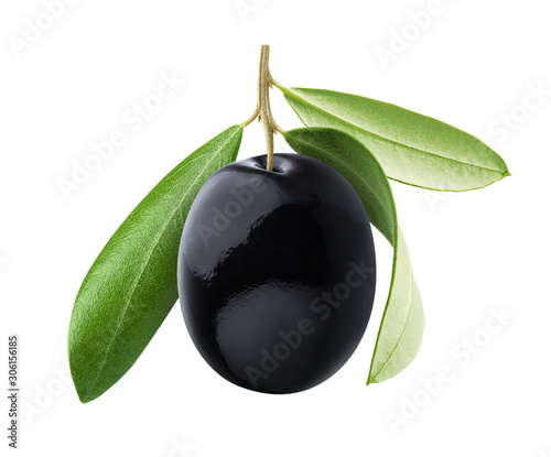 Fotografía One black olive with leaves isolated on white background