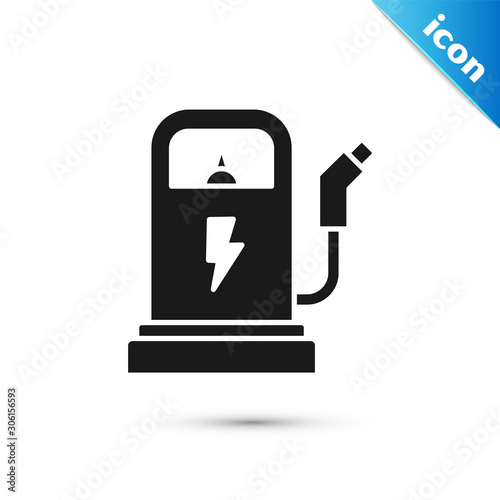 Black Electric car charging station icon isolated on white background. Eco electric fuel pump sign. Vector Illustration