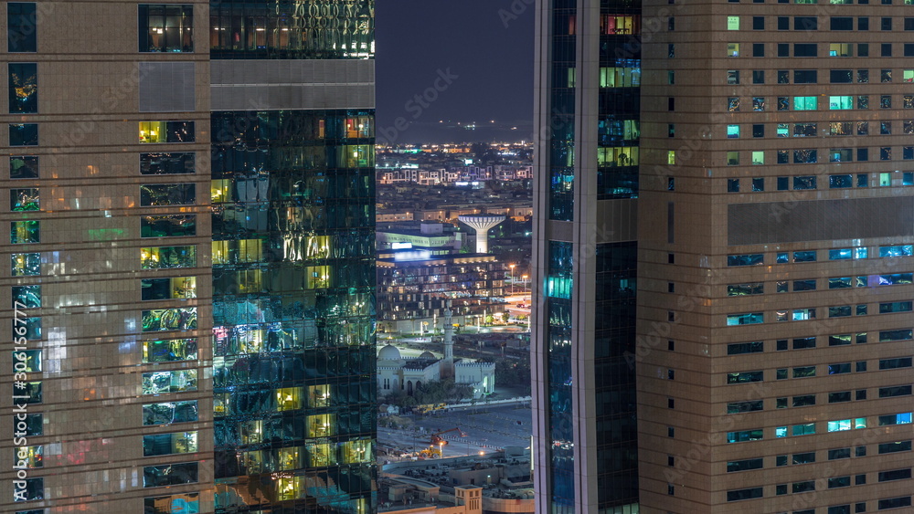 Obraz premium Amazing aerial view of Dubai downtown skyscrapers night timelapse, Dubai, United Arab Emirates
