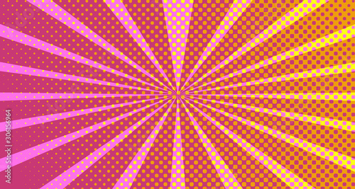 Vintage colorful comic book background. Pink Orange blank bubbles of different shapes. Rays, radial, halftone, dotted effects. For sale banner empty Place for text 1960s. Copy space vector eps10.