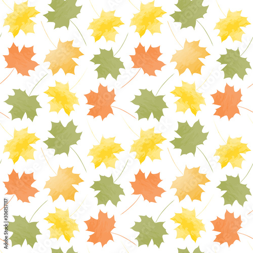 Autumn maple watercolor leaves seamless background isolated on white background. Vector illustration. 