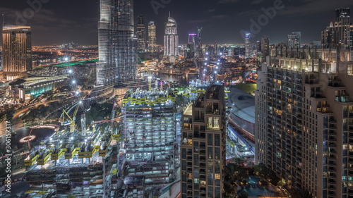Amazing aerial view of Dubai downtown skyscrapers night timelapse, Dubai, United Arab Emirates