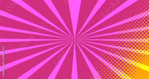 Vintage colorful comic book background. Pink Orange blank bubbles of different shapes. Rays  radial  halftone  dotted effects. For sale banner empty Place for text 1960s. Copy space vector eps10.