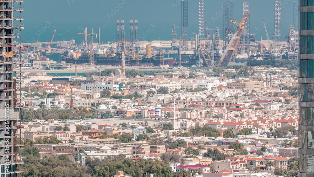 Aerial view from Downtown of Dubai to port timelapse