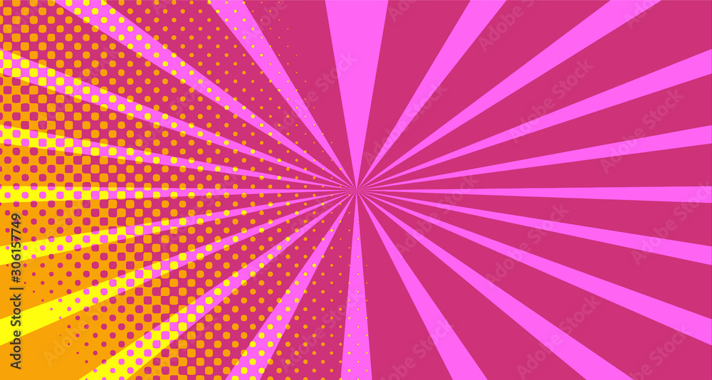 Vintage colorful comic book background. Pink Orange blank bubbles of different shapes. Rays, radial, halftone, dotted effects. For sale banner empty Place for text 1960s. Copy space vector eps10.