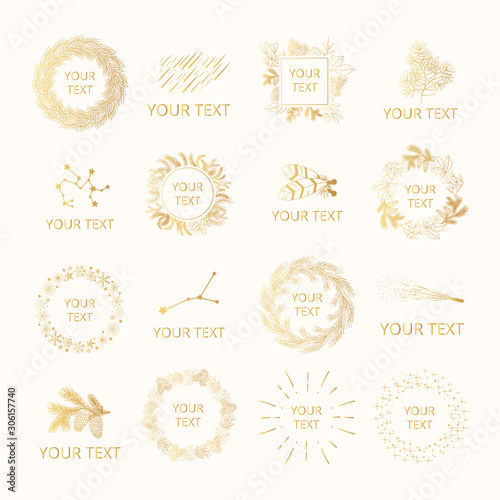Collection of hand drawn golden floral pine and fir branches, constellations and stars in branding badges for winter invitations. Gold wreaths, frames and borders for feminine design. Vector isolated.