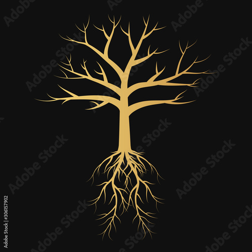Gold garden leafless tree with roots and branches silhouette. Vector isolated Illustration.