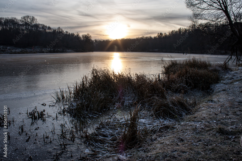Fototapeta premium a November sunrise in park Kuzminki