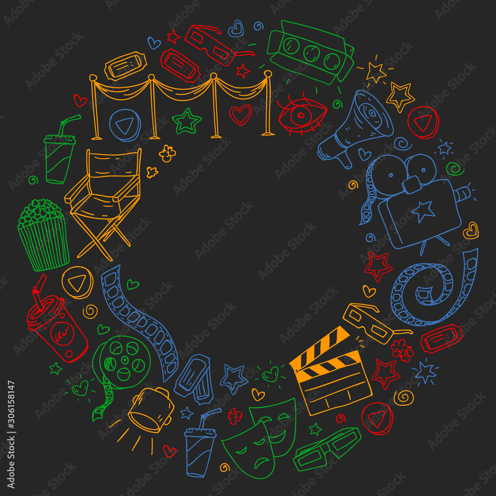 Obraz premium Cinema pattern with vector icons. Movie, television, theatre.