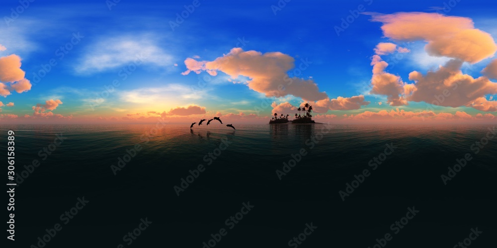 Fototapeta premium Tropical island with a palm tree at sunset. HDRI, environment map , Round panorama, spherical panorama, equidistant projection, panorama 360, seascape, 3d rendering.