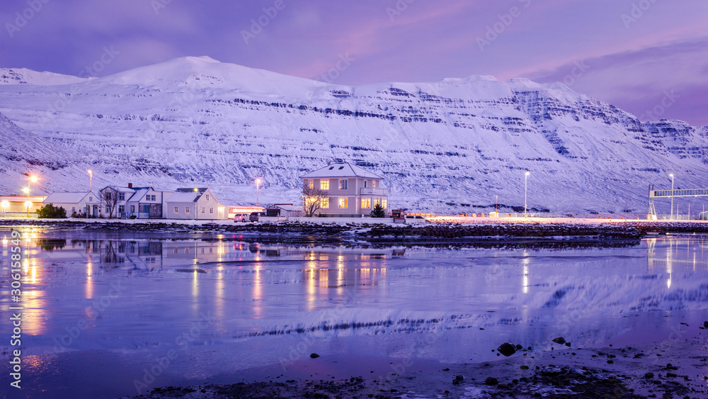 Dawn breaking on a winter's morning in the eastern port town of Seydisfjordur in Iceland