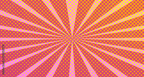 Vintage colorful comic book background. Pink Orange blank bubbles of different shapes. Rays, radial, halftone, dotted effects. For sale banner empty Place for text 1960s. Copy space vector eps10.