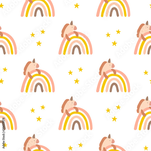 Magic seamless vector pattern with unicorns and rainbows.