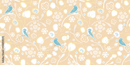Vintage apple tree and bird on light cream color dotted background. Seamless vector pattern. Perfect for fabric, wallpaper, giftwrap or postcard design