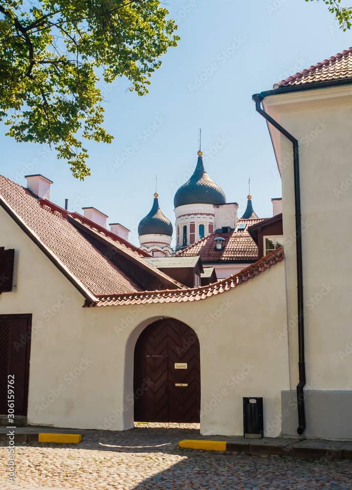 Alexander-Nevski-Cathedrall. View through tiled roofs. Tallinn, Estonia, Europe