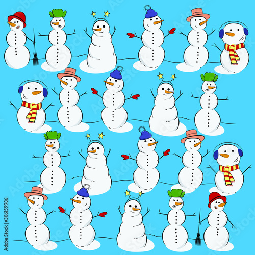 A lot of snowmen in different outfits with carrot noses. Snowmen in funny hats.